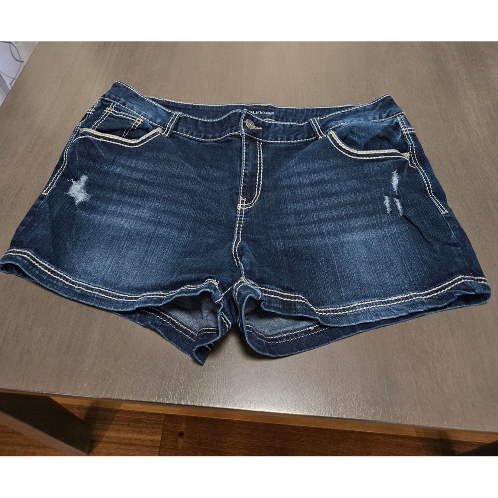 Maurices Womens Plus Size 24 Dark Wash Distressed Denim Shorts Contrast Stitch